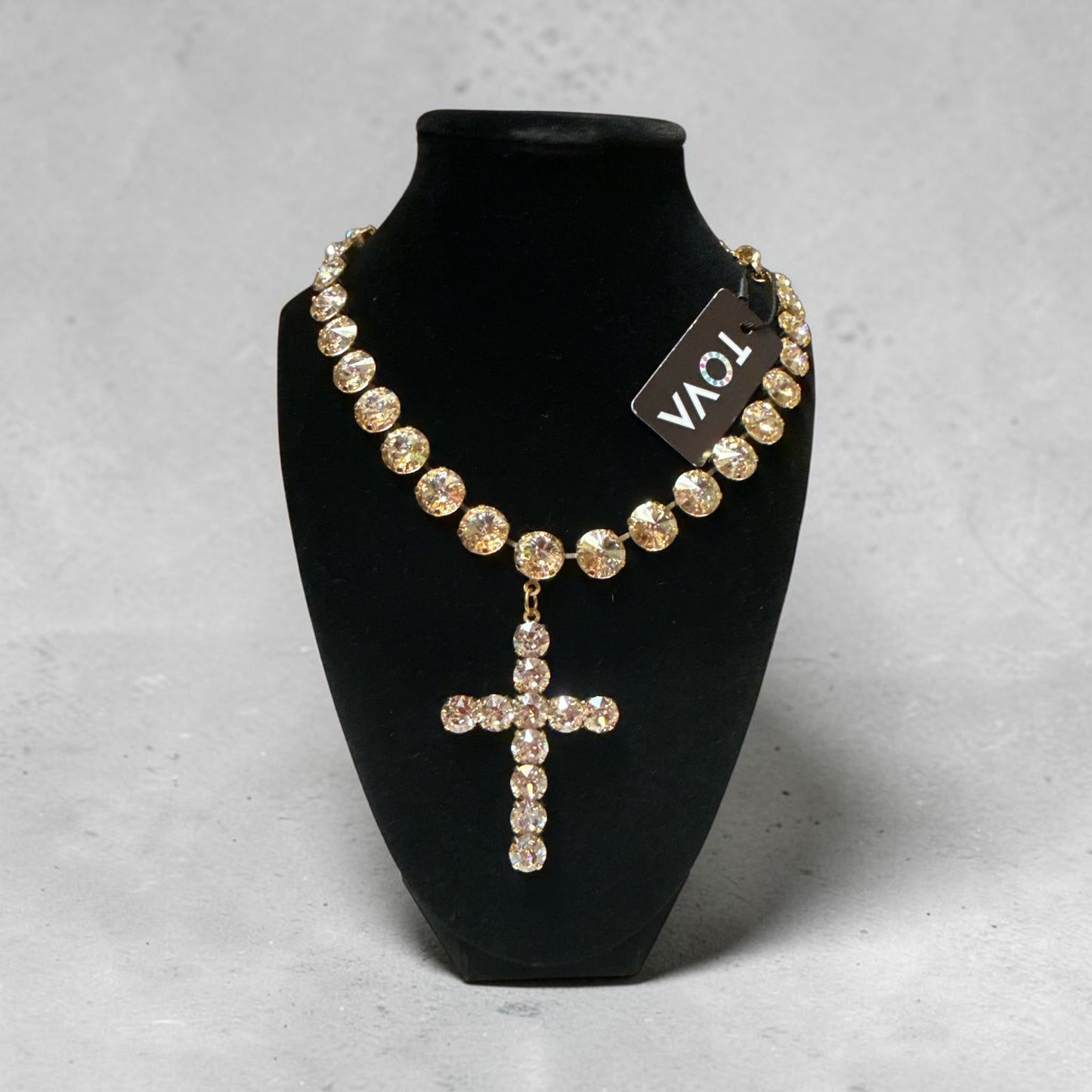 Gold Champagne Crystal Cross Donatella Necklace by TOVA.