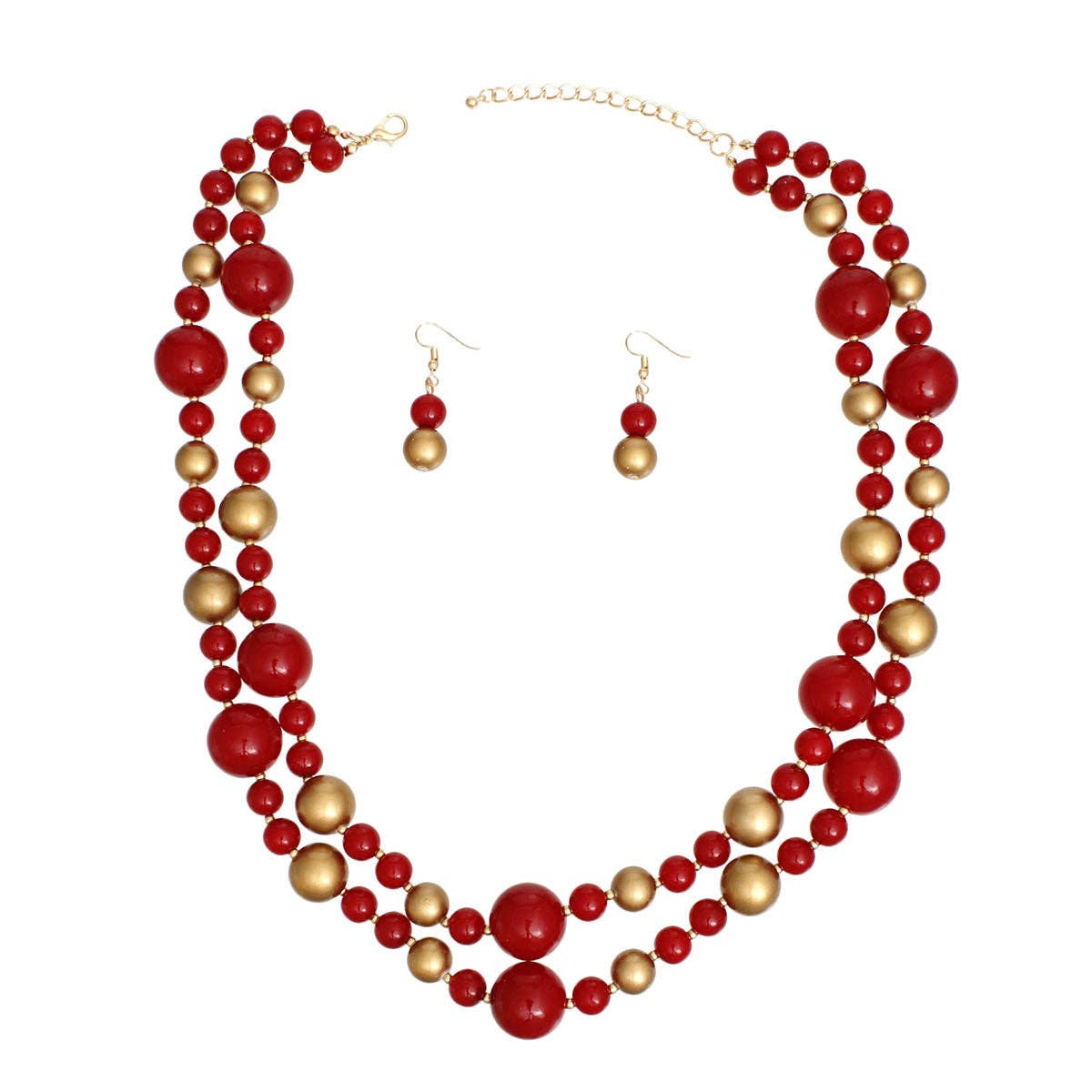Women’s Long Layered Red & Gold Pearl Beaded Necklace Set