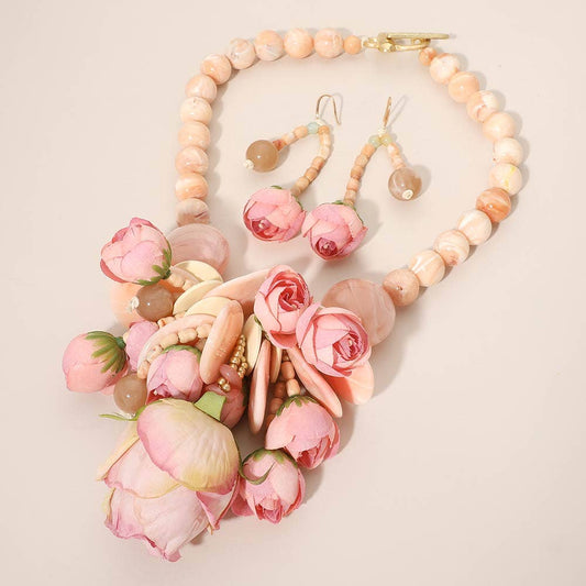 Bold Blush Floral Embellished Chunky Beaded Statement Necklace