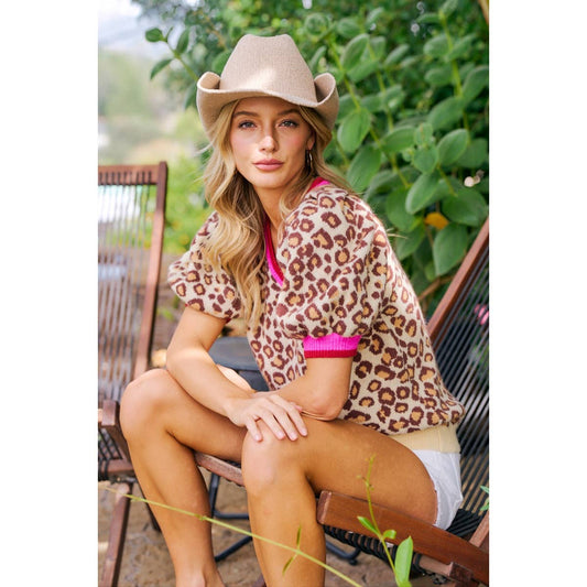 LEOPARD PATTERN PUFF SLEEVE V-NECK SWEATER TOP
