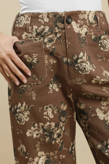Umgee Floral Print Wide Leg Cropped Pants