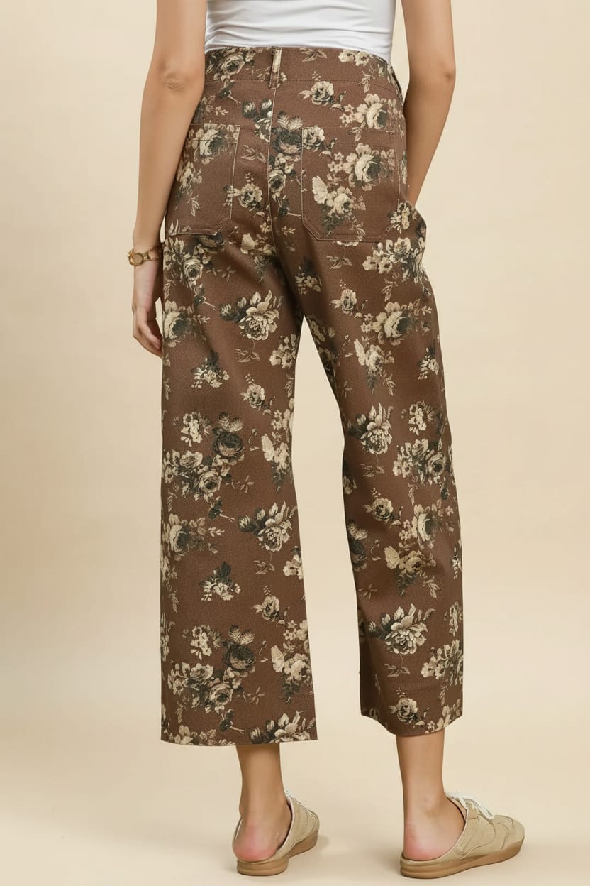 Umgee Floral Print Wide Leg Cropped Pants