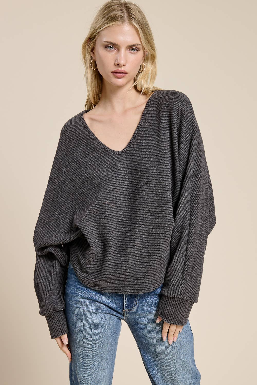 Brushed Rib Knit V-Neck Oversized Long Sleeve Dolman Top