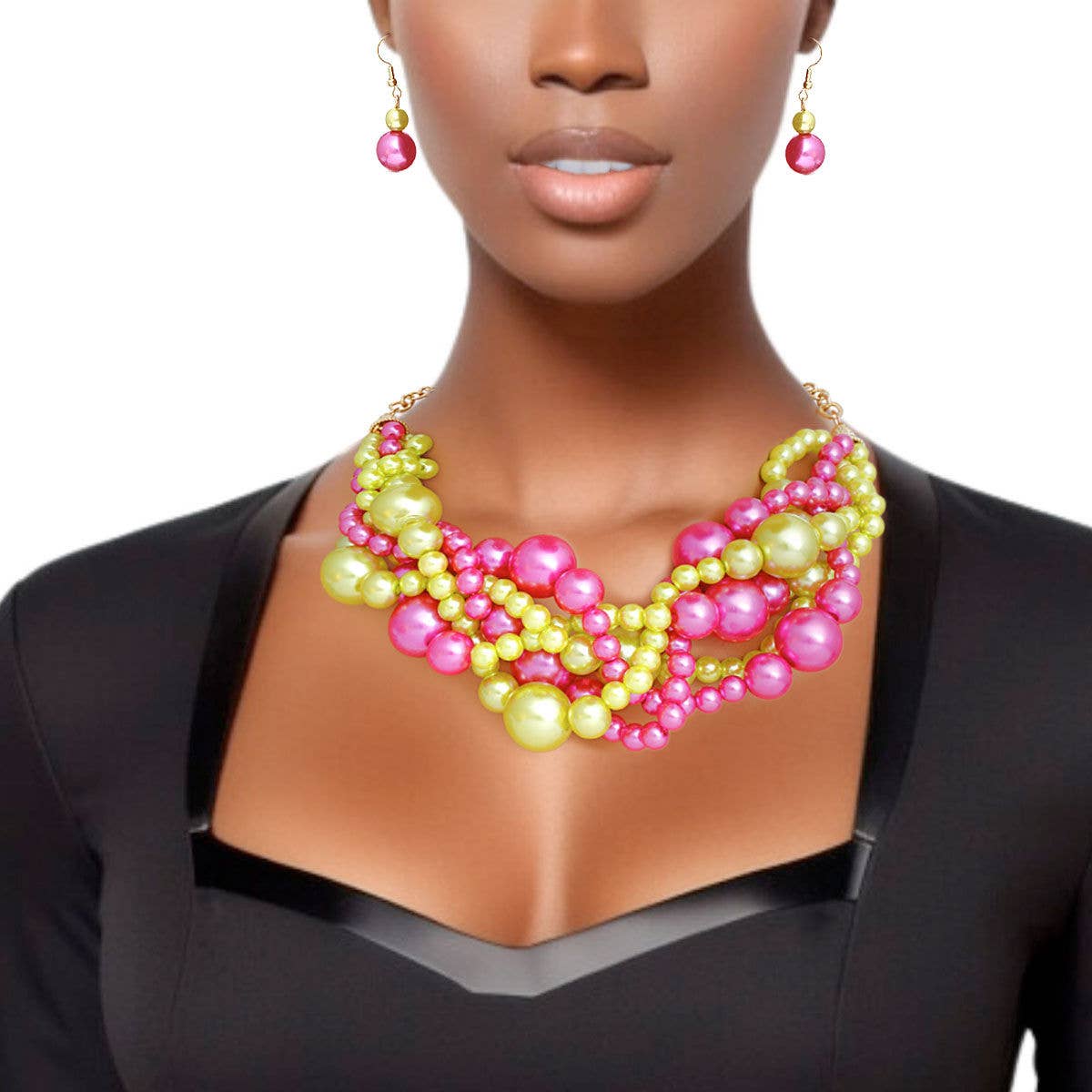 Pearl Necklace Pink Lime 5 Twisted Set