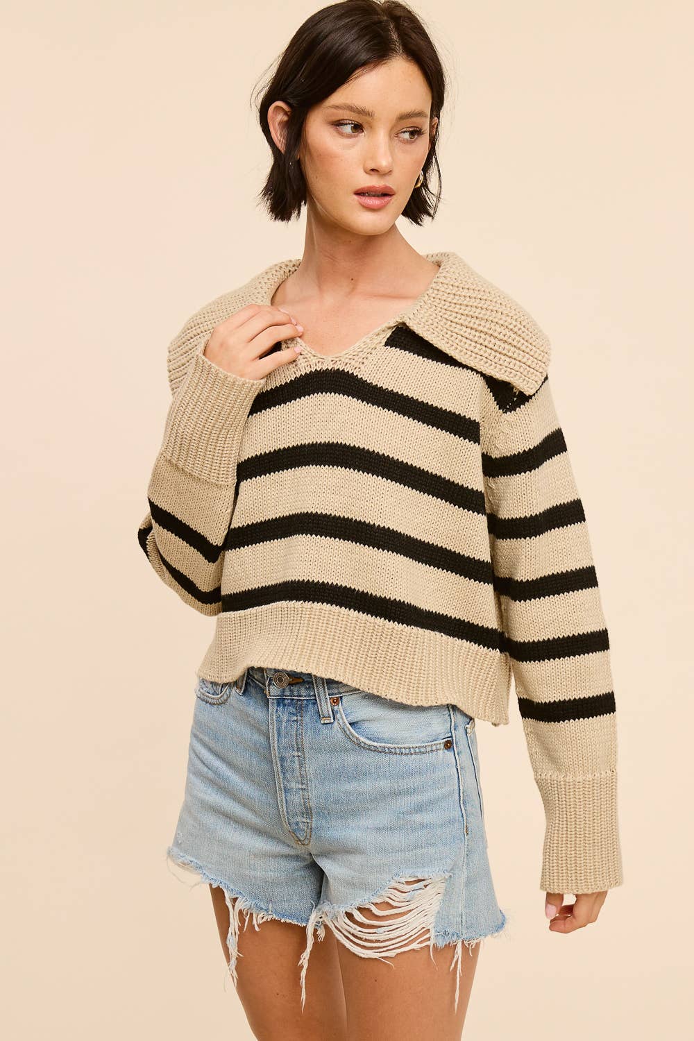 Harbor Collar Stripe Wool Blend Knit Sweater Top
