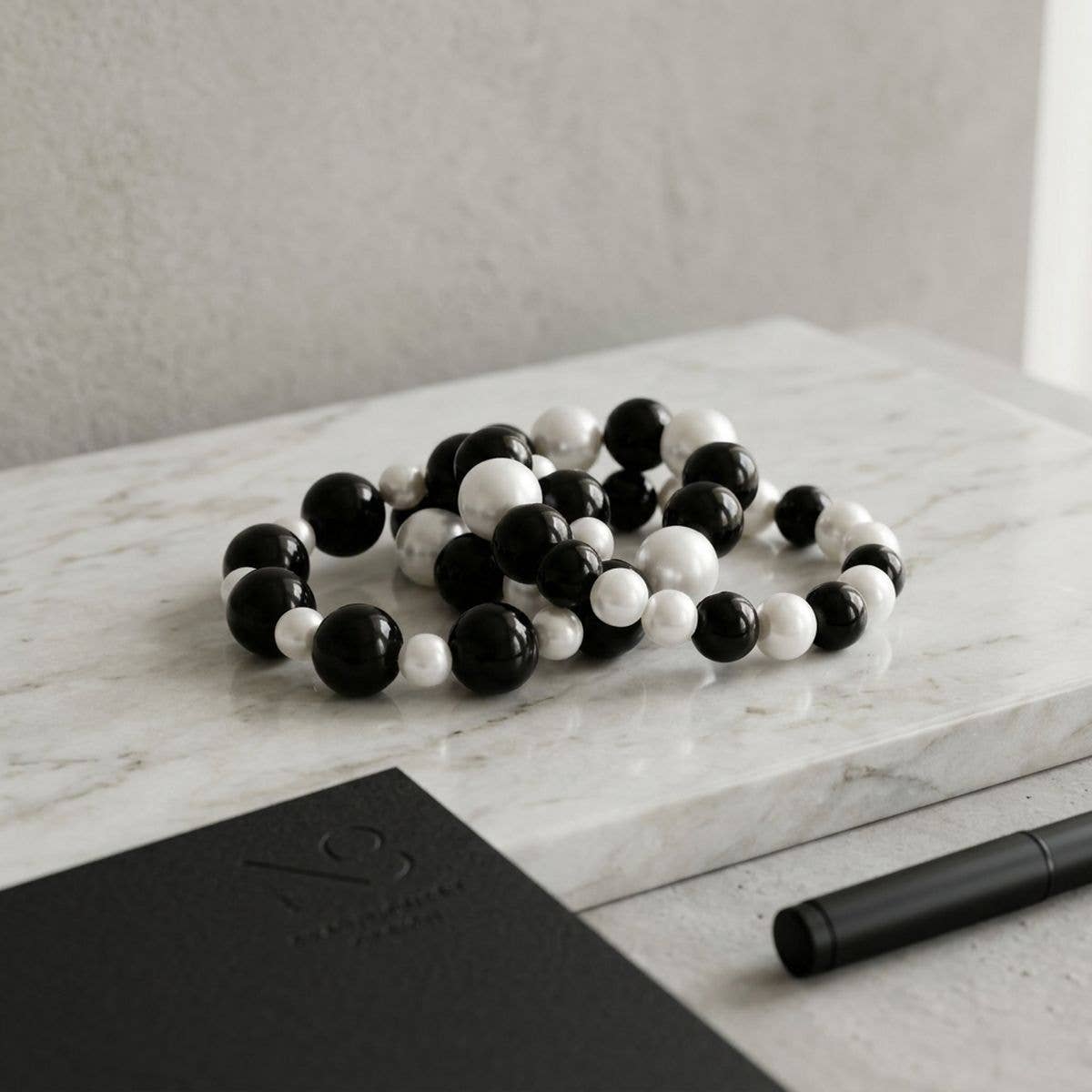 Black Bead White Pearl Bracelet Stretch 3 Strand