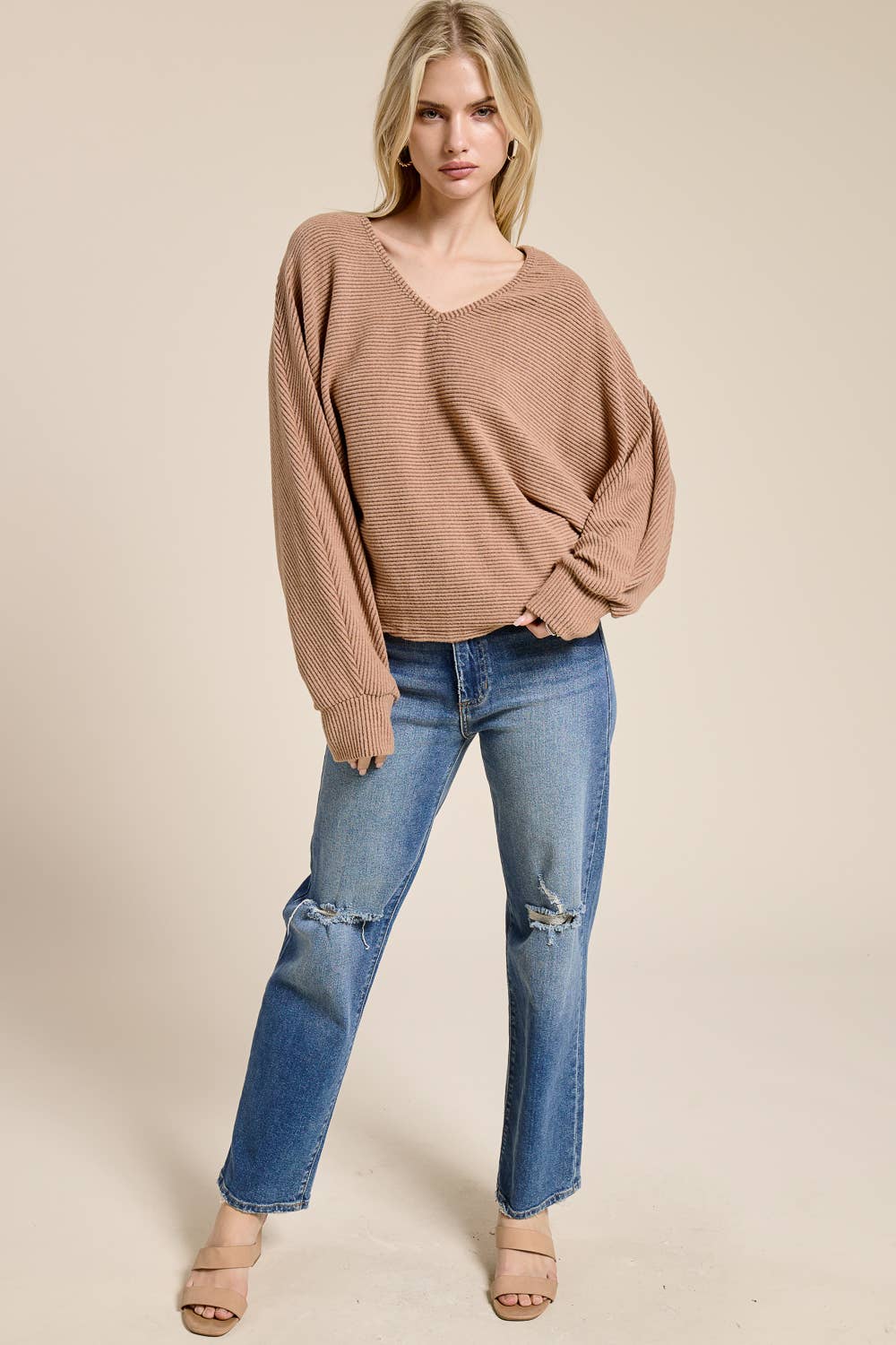 Brushed Rib Knit V-Neck Oversized Long Sleeve Dolman Top