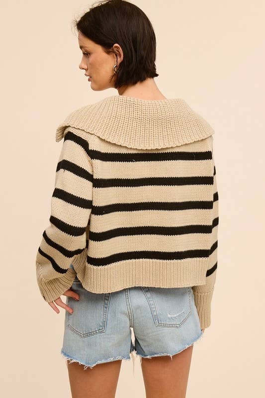 Harbor Collar Stripe Wool Blend Knit Sweater Top