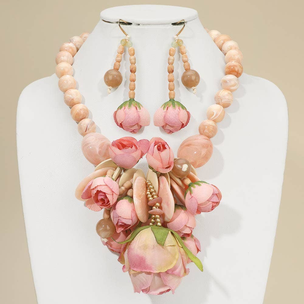 Bold Blush Floral Embellished Chunky Beaded Statement Necklace