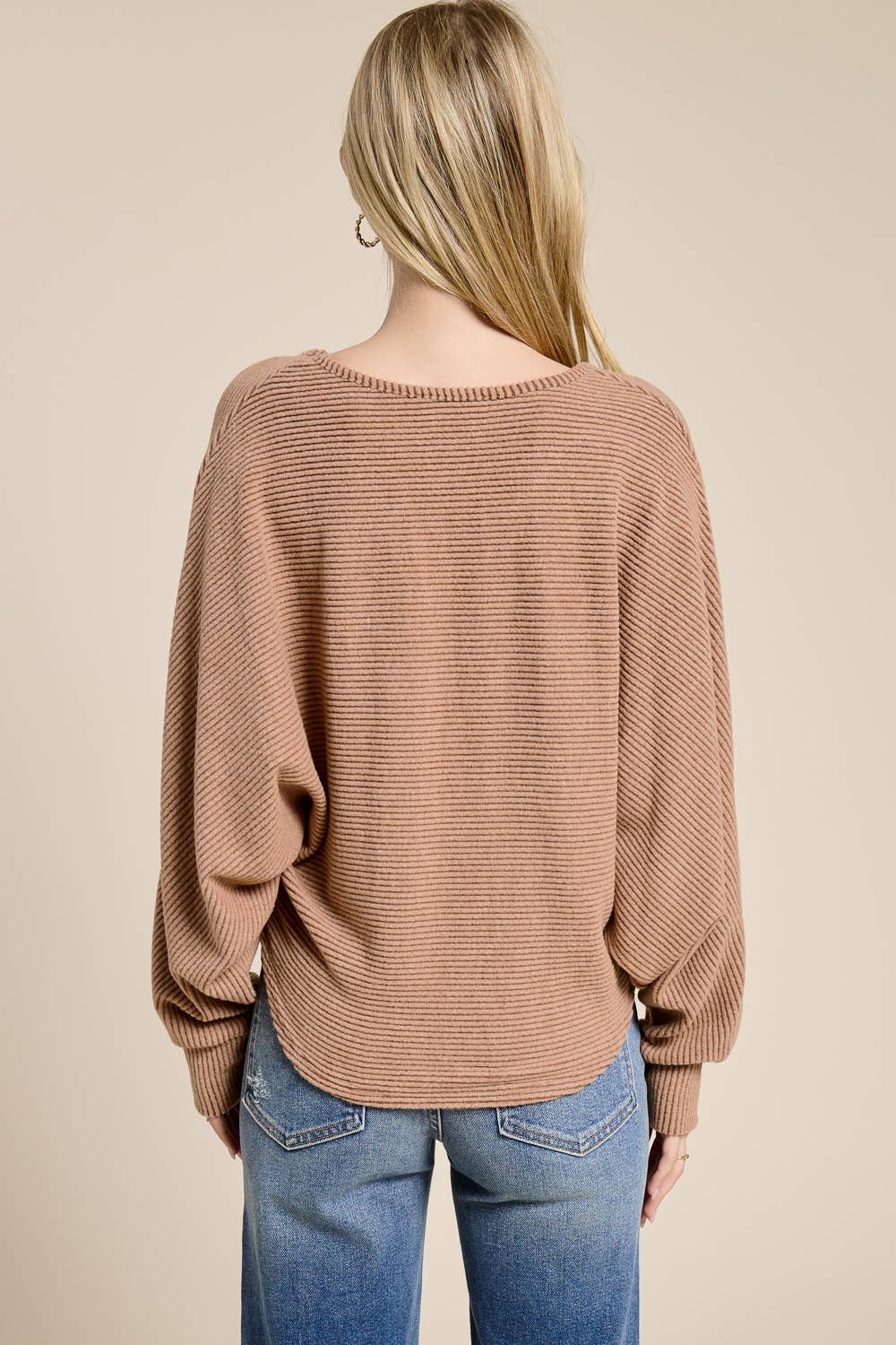 Brushed Rib Knit V-Neck Oversized Long Sleeve Dolman Top