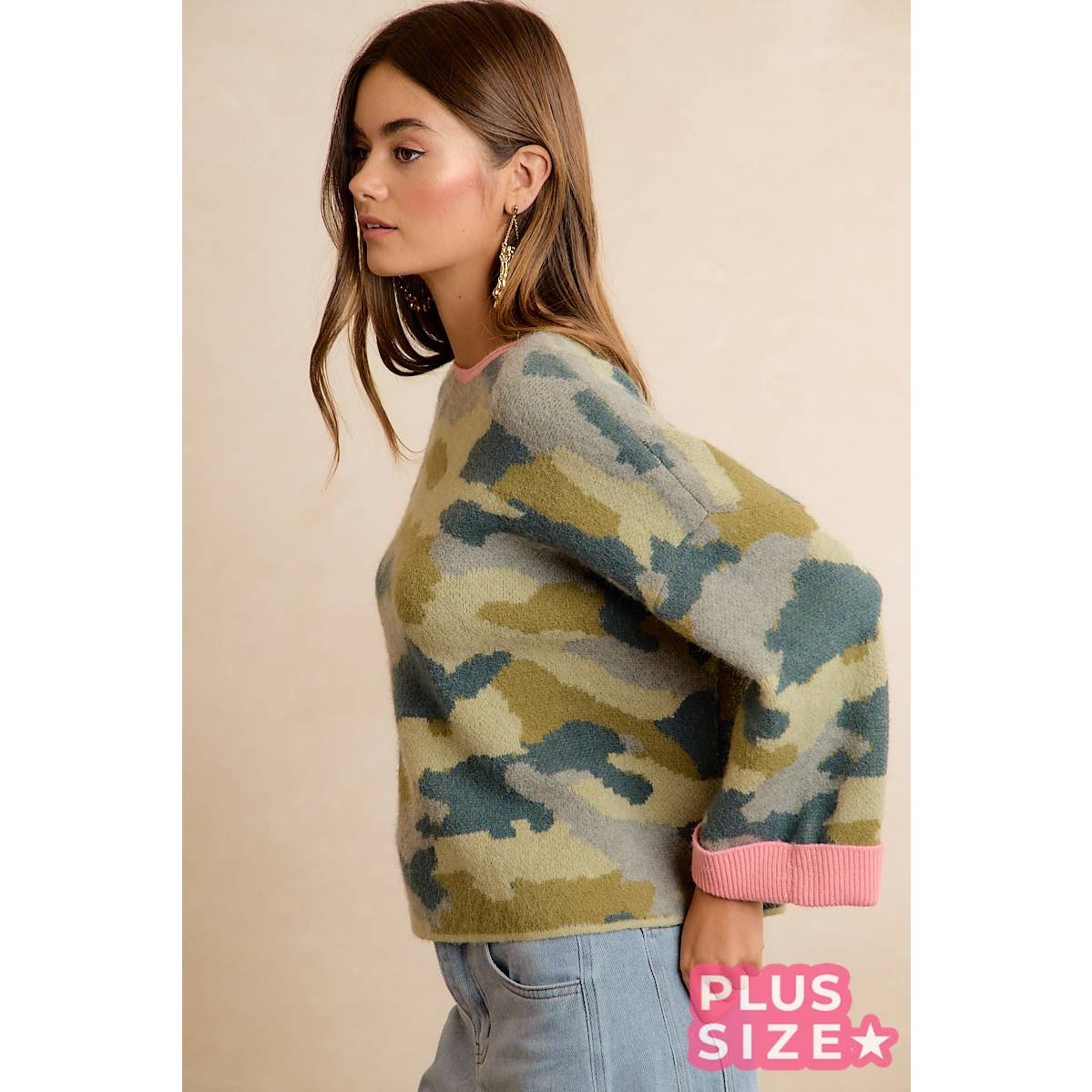 SOFT CAMO CONTRAST NECK AND ROLL UP SWEATER