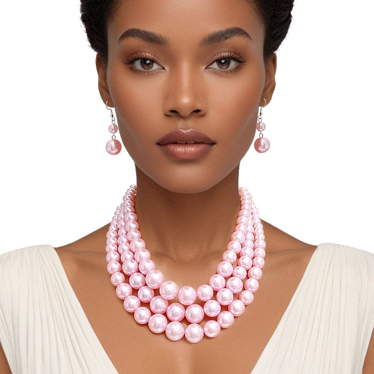 Pink Graduated 3-Strand Pearl Necklace & Earrings Set
