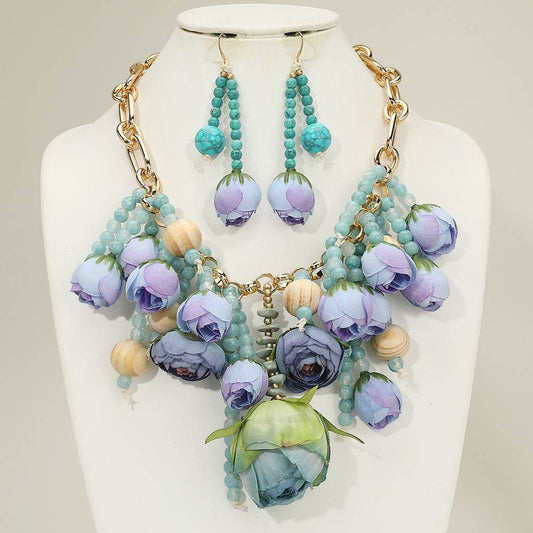 💙 Coastal Bloom Floral Statement Necklace & Earring Set