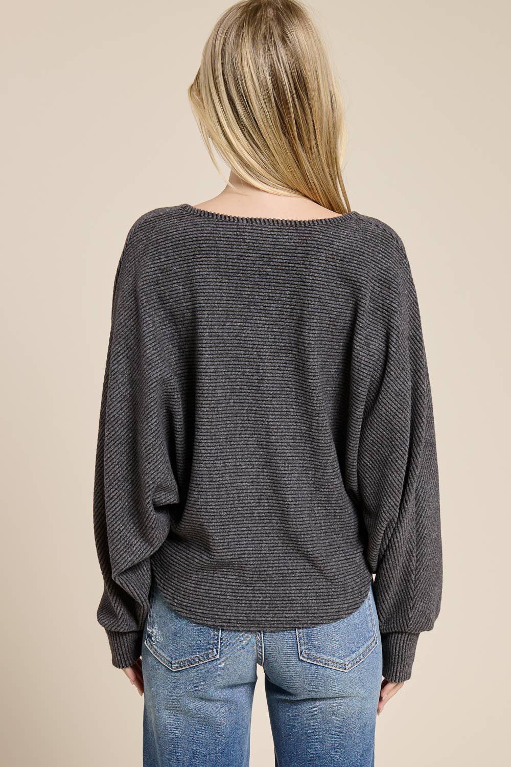 Brushed Rib Knit V-Neck Oversized Long Sleeve Dolman Top