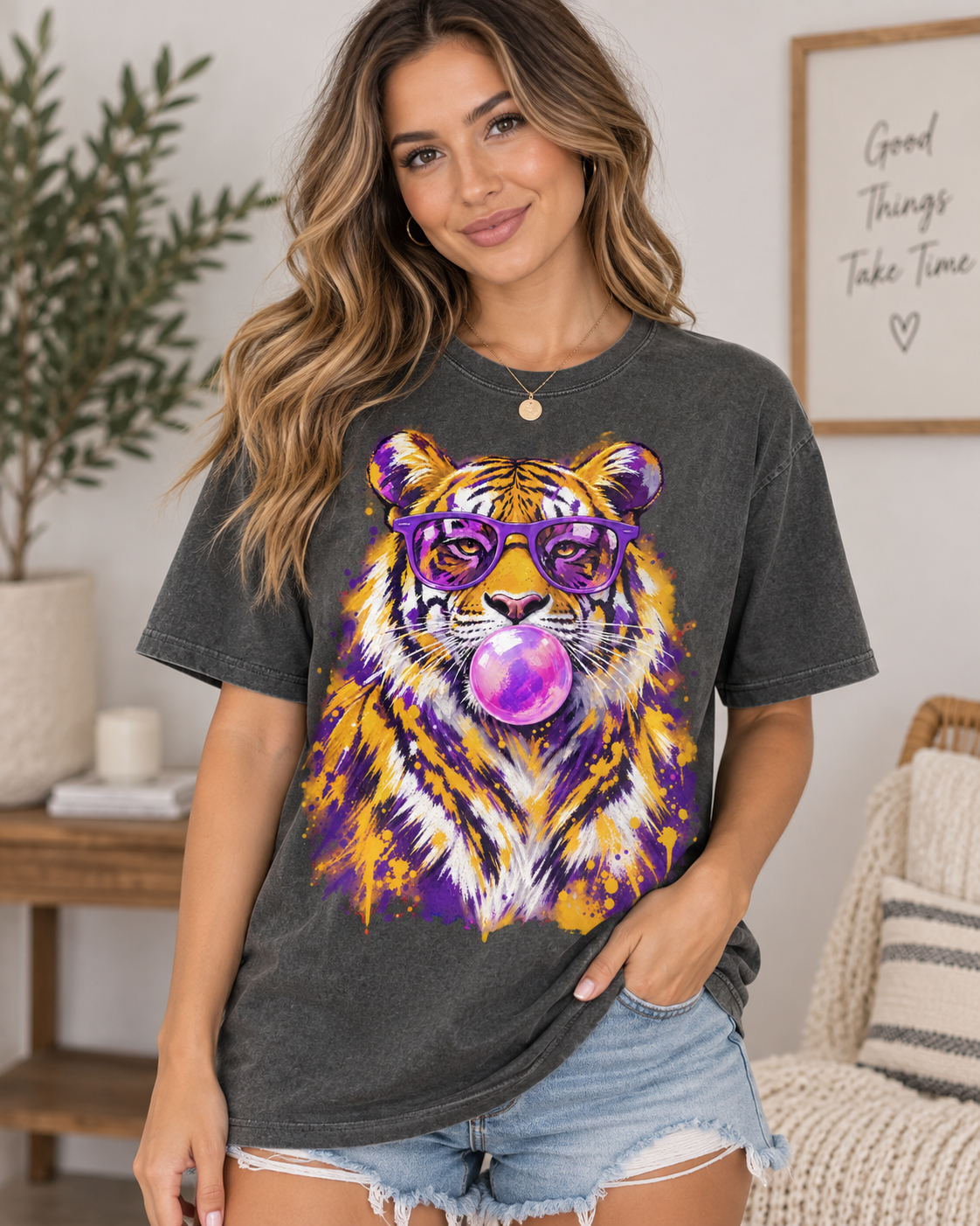Purple & Gold Bubblegum Tiger Graphic Tee – Comfort Colors