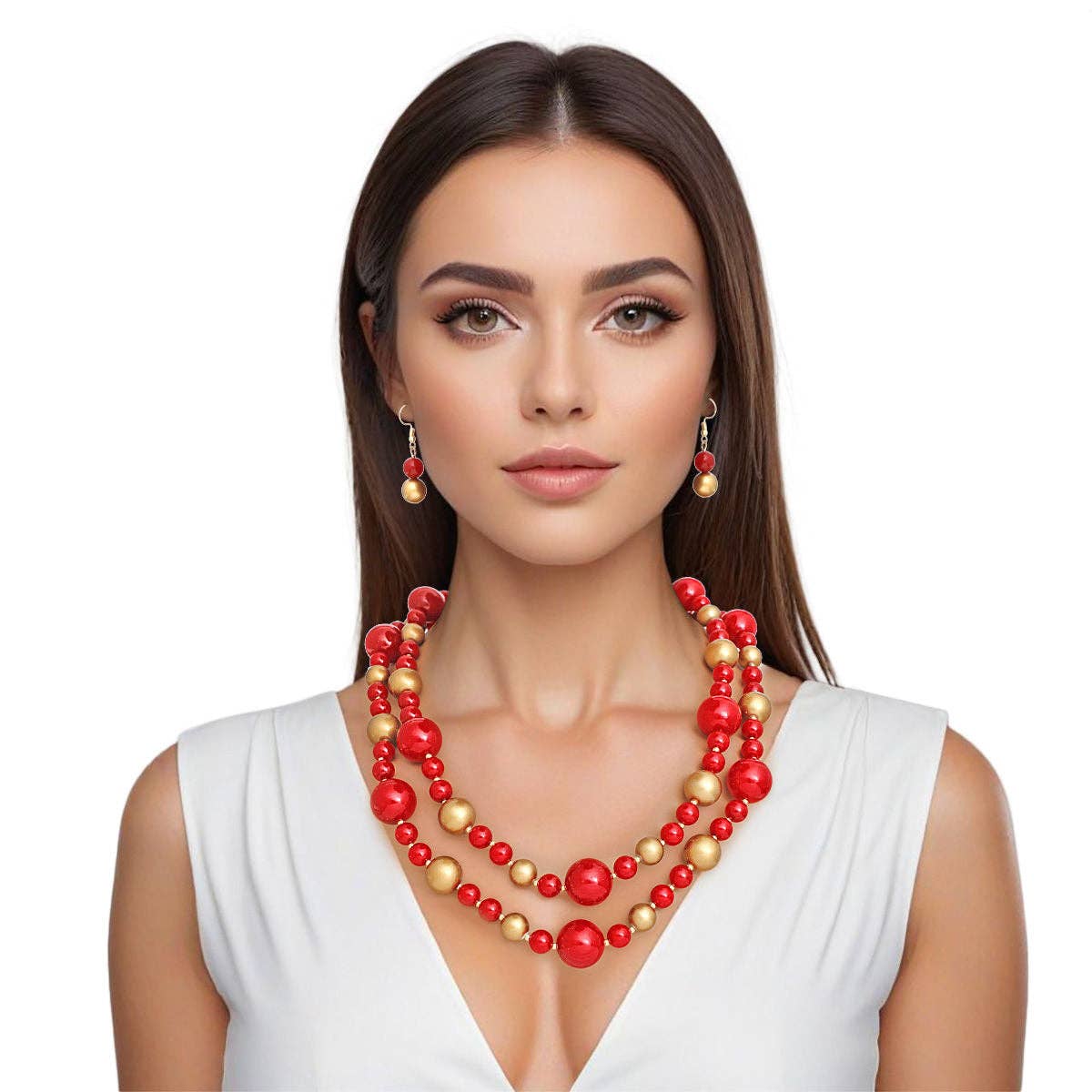 Women’s Long Layered Red & Gold Pearl Beaded Necklace Set