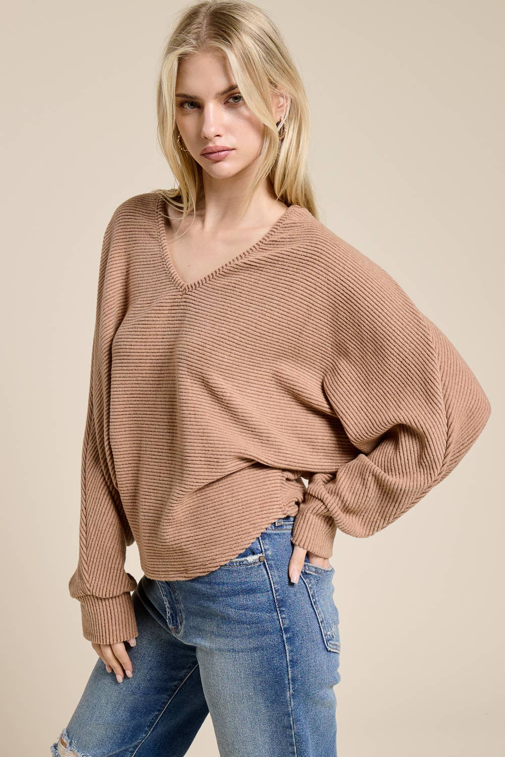 Brushed Rib Knit V-Neck Oversized Long Sleeve Dolman Top