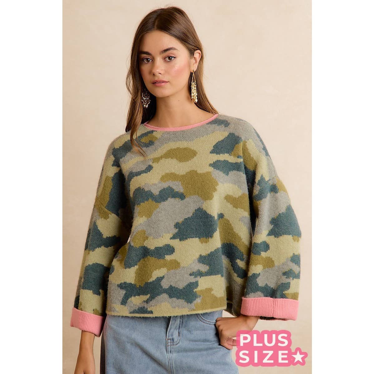 SOFT CAMO CONTRAST NECK AND ROLL UP SWEATER