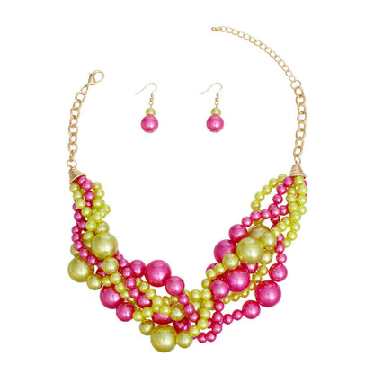 Pearl Necklace Pink Lime 5 Twisted Set