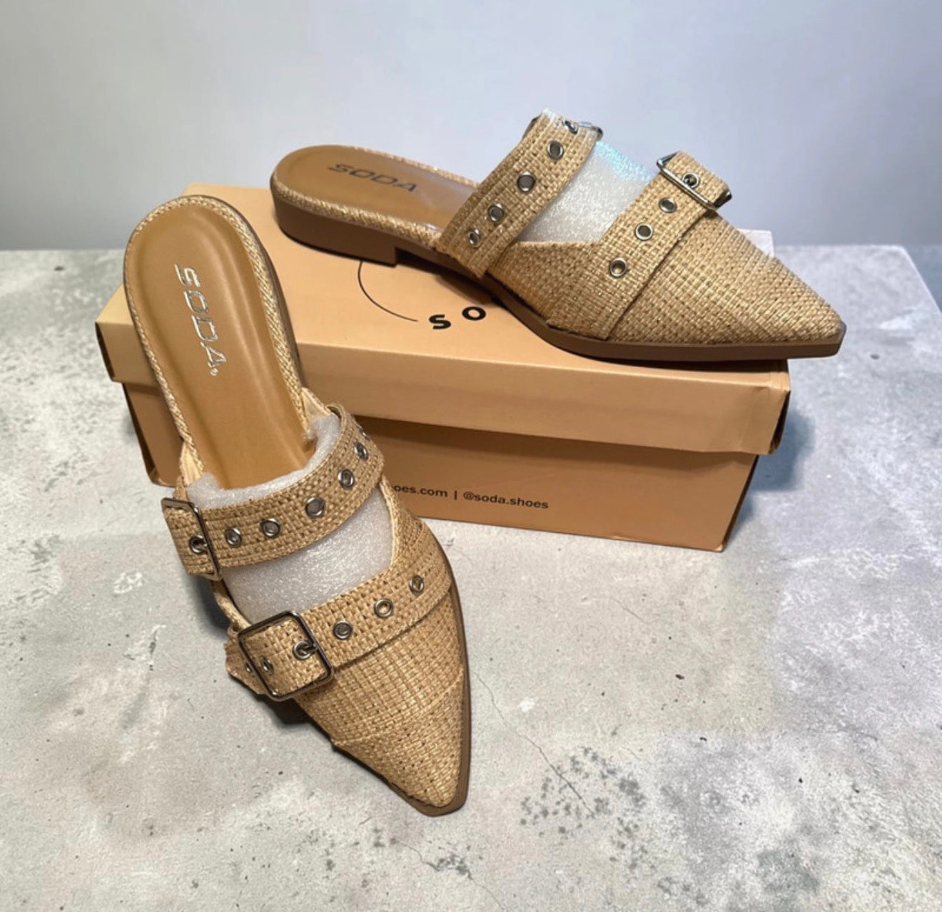 Soda “Usual” Double Buckle Raffia Pointed-Toe Mule – Natural
