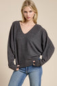Brushed Rib Knit V-Neck Oversized Long Sleeve Dolman Top