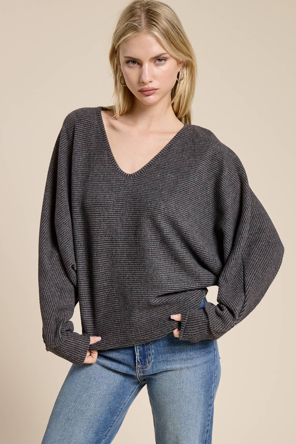 Brushed Rib Knit V-Neck Oversized Long Sleeve Dolman Top