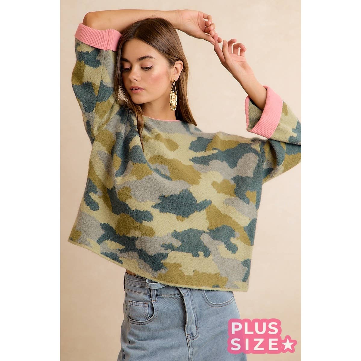 SOFT CAMO CONTRAST NECK AND ROLL UP SWEATER