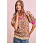 LEOPARD PATTERN PUFF SLEEVE V-NECK SWEATER TOP