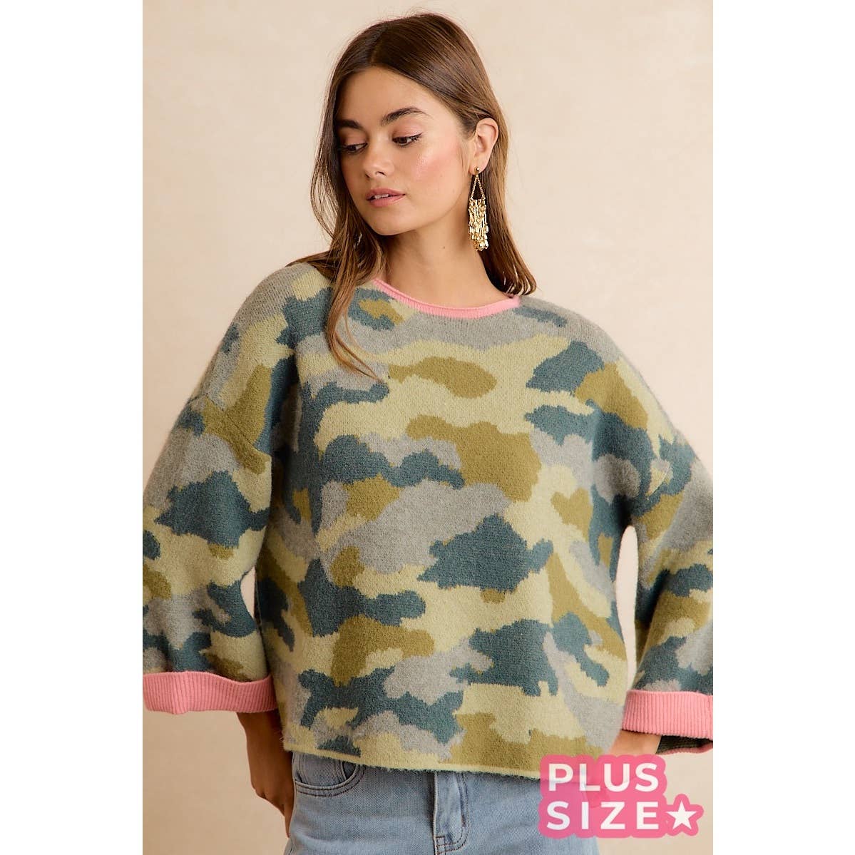 SOFT CAMO CONTRAST NECK AND ROLL UP SWEATER