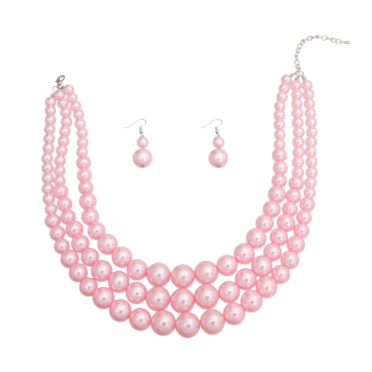 Pink Graduated 3-Strand Pearl Necklace & Earrings Set