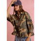 CAMO PRINTED RUFFLED HEM BUTTON DOWN BLOUSE