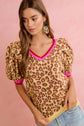 LEOPARD PATTERN PUFF SLEEVE V-NECK SWEATER TOP