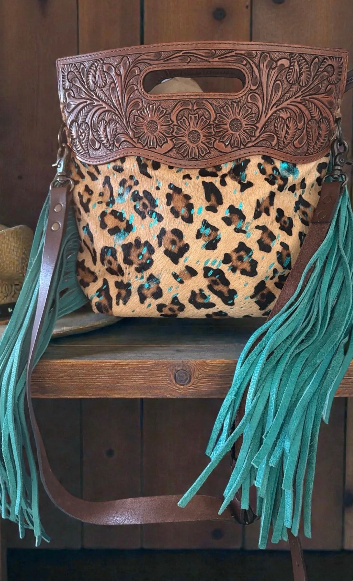 American Darling Tooled Leather Leopard & Turquoise Fringe Crossbody Bag