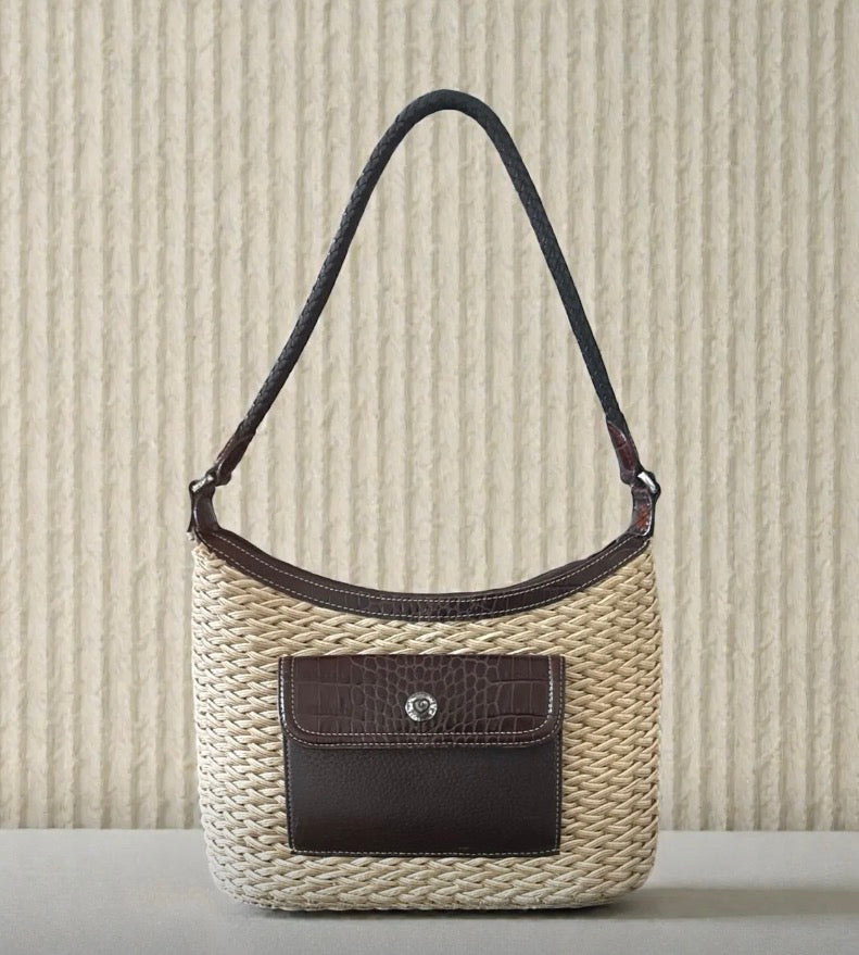 Brighton Woven Straw Shoulder Bag with Brown Leather Trim