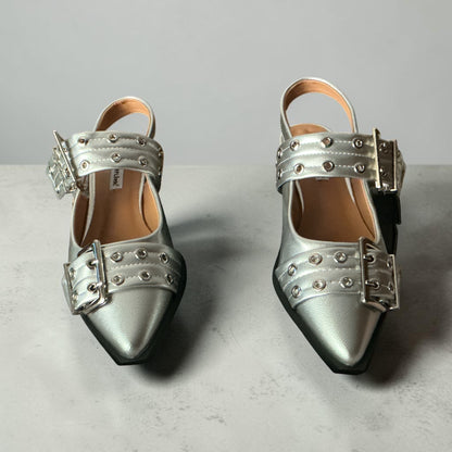 Silver Buckle Pointed-Toe Slingback Flats
