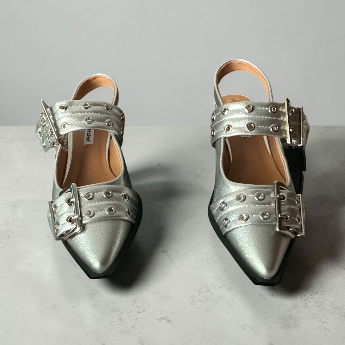 Silver Buckle Pointed-Toe Slingback Flats