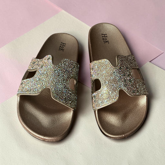 H2K Rhinestone Bling Slide Sandals – Champagne/Rose Gold ✨