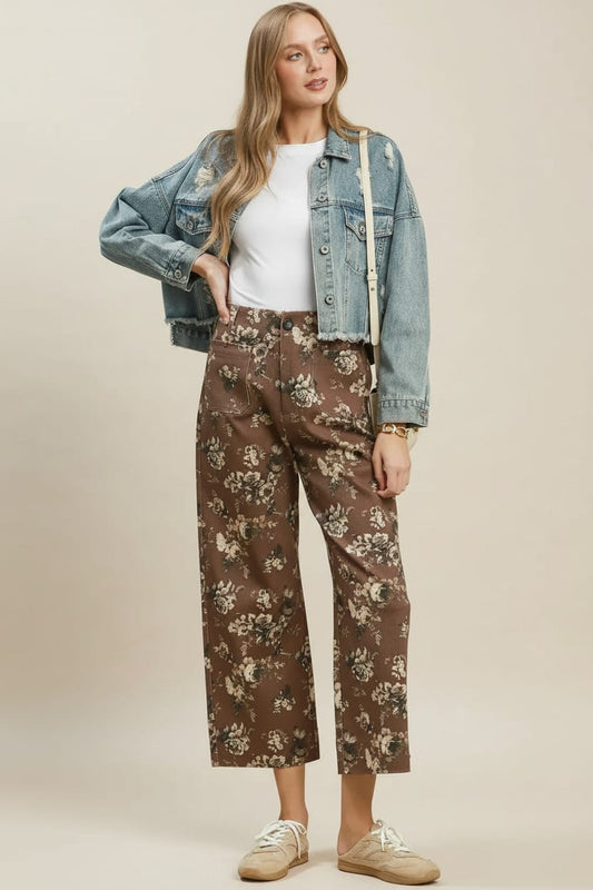 Umgee Floral Print Wide Leg Cropped Pants