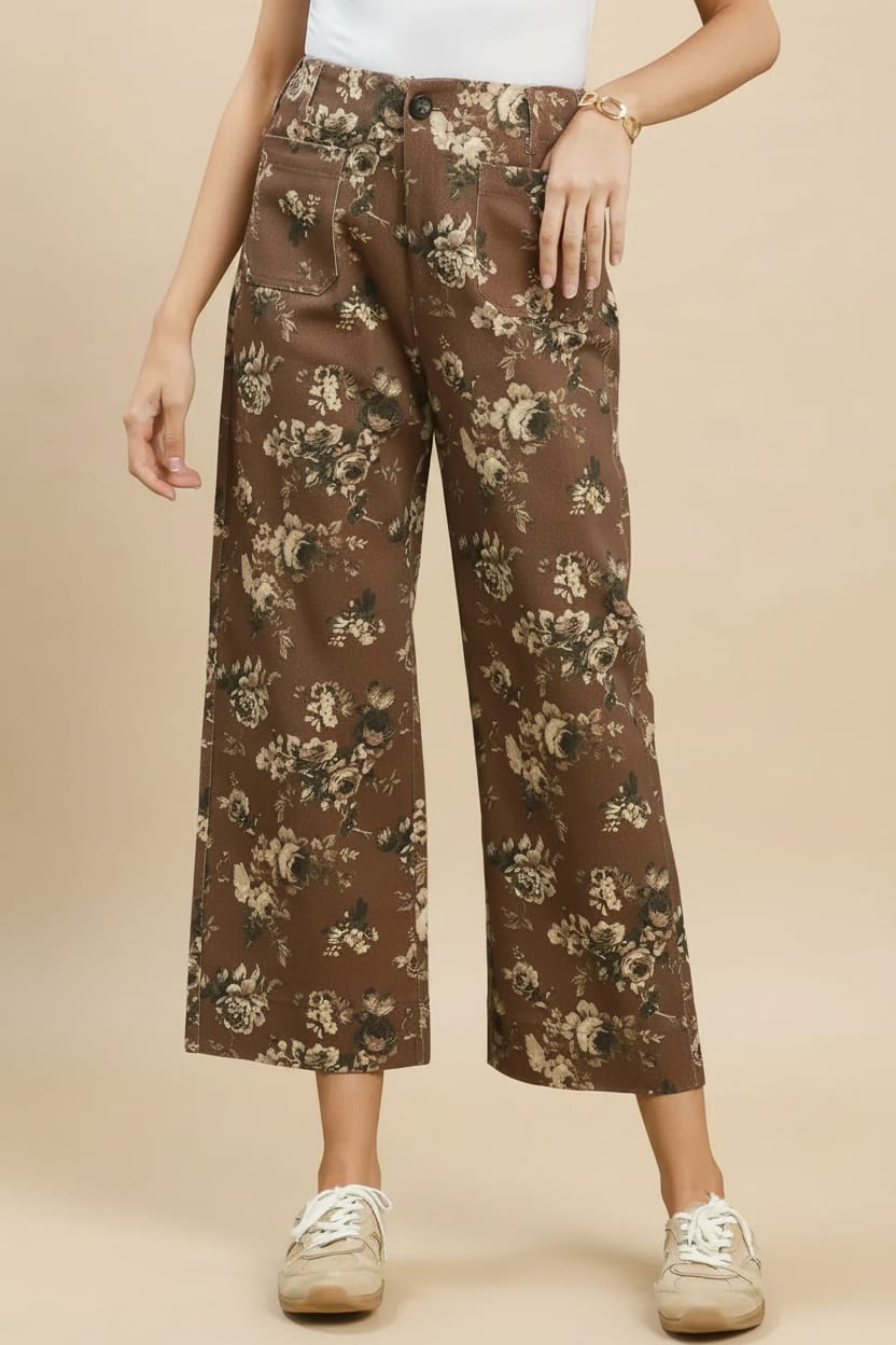 Umgee Floral Print Wide Leg Cropped Pants