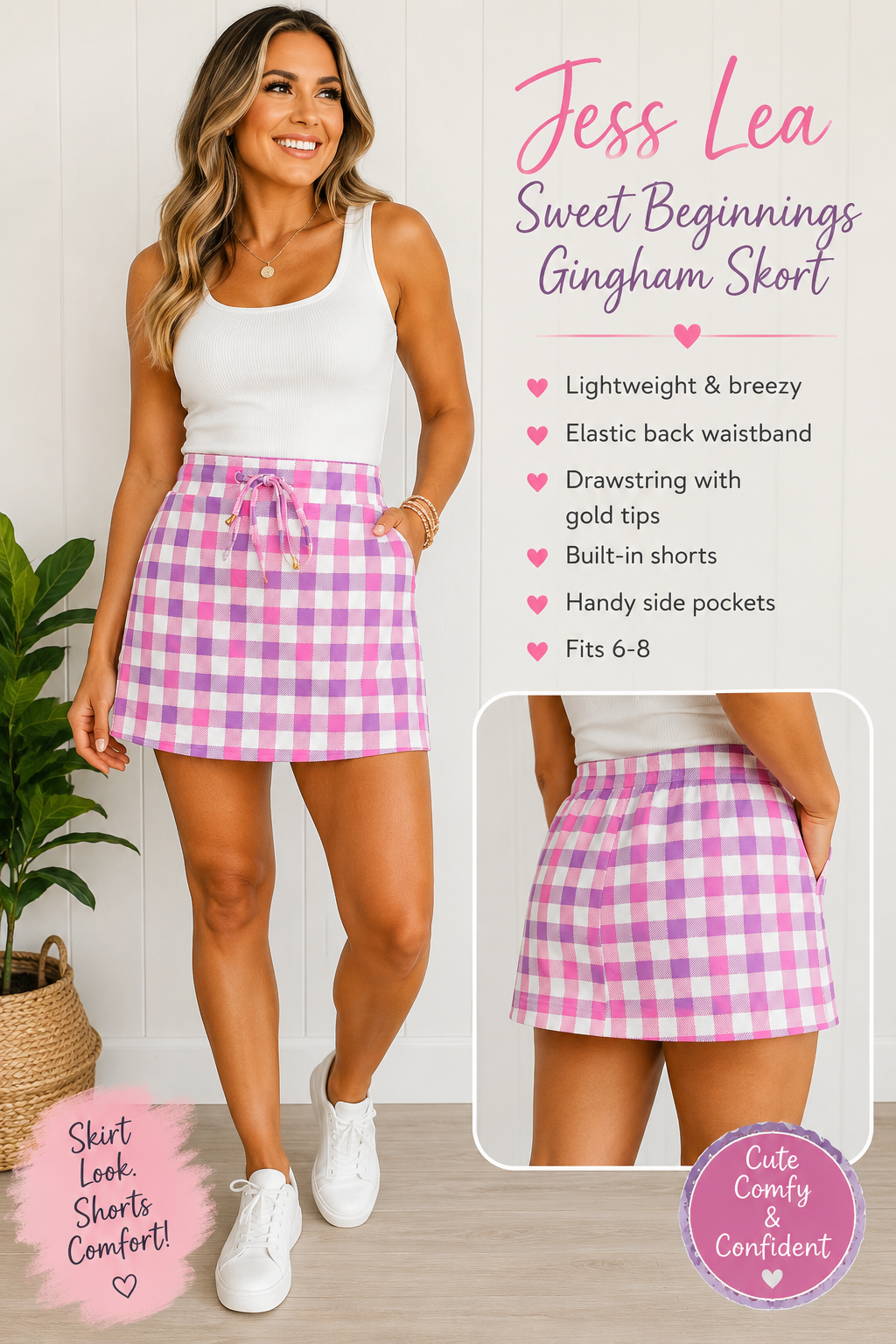 💕 Jess Lea Sweet Beginnings Gingham Skort – Pink & Lilac