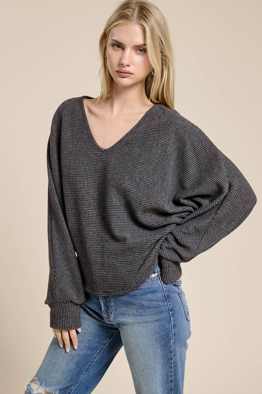 Brushed Rib Knit V-Neck Oversized Long Sleeve Dolman Top
