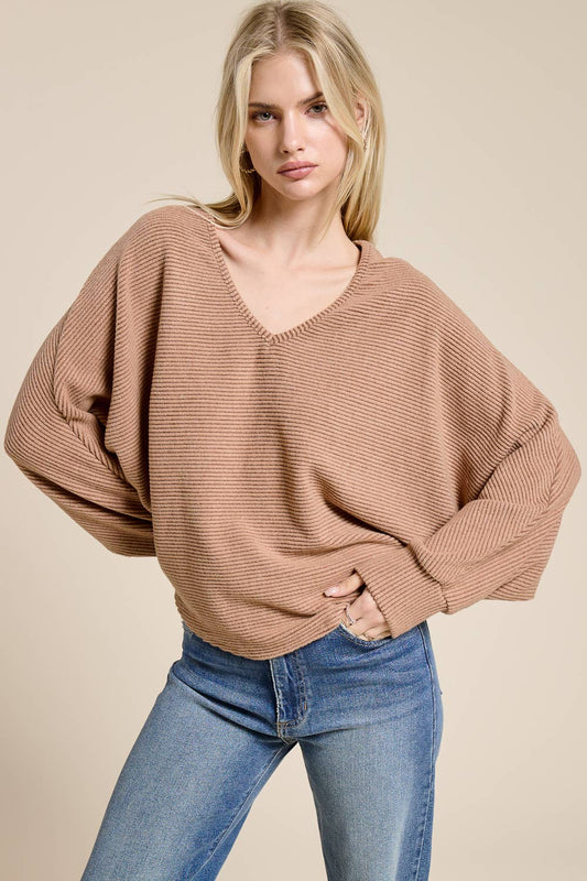 Brushed Rib Knit V-Neck Oversized Long Sleeve Dolman Top