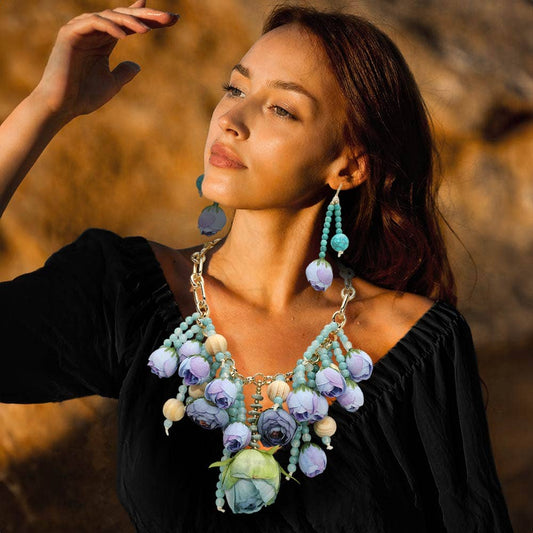 💙 Coastal Bloom Floral Statement Necklace & Earring Set