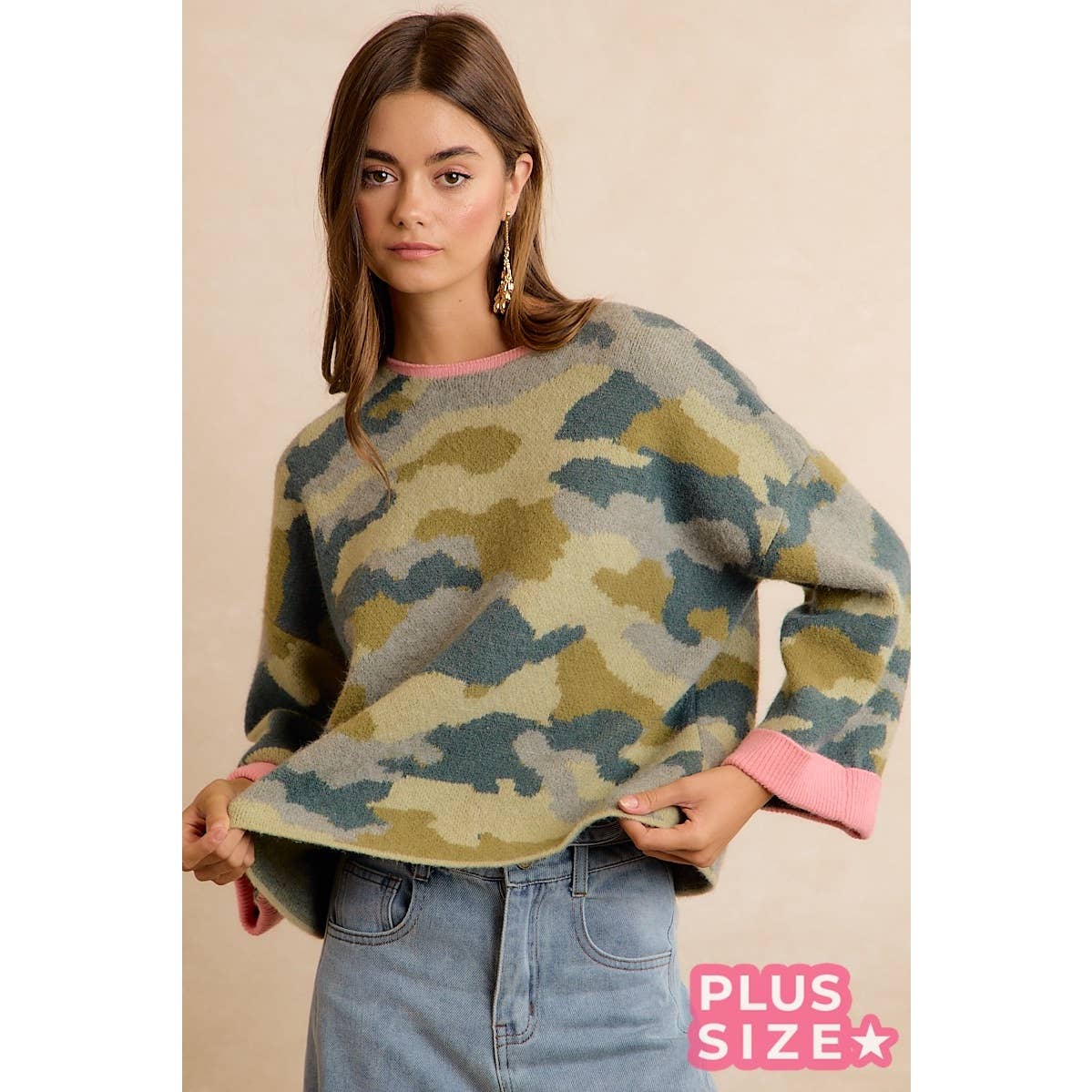 SOFT CAMO CONTRAST NECK AND ROLL UP SWEATER