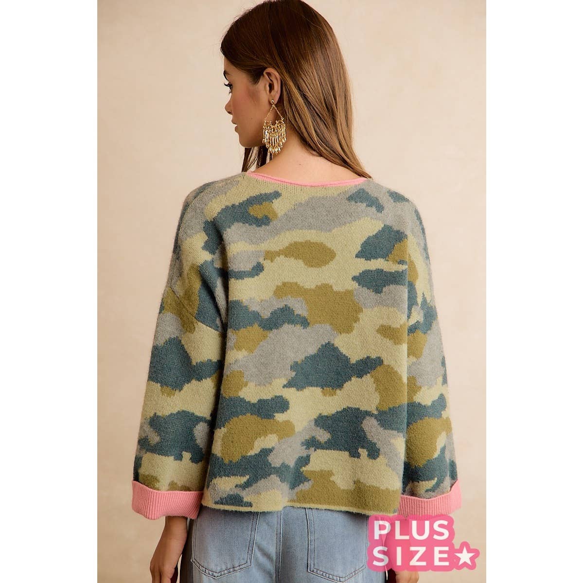 SOFT CAMO CONTRAST NECK AND ROLL UP SWEATER