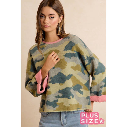 SOFT CAMO CONTRAST NECK AND ROLL UP SWEATER
