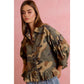 CAMO PRINTED RUFFLED HEM BUTTON DOWN BLOUSE