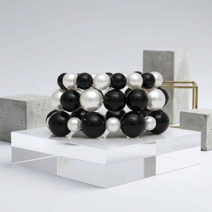 Black Bead White Pearl Bracelet Stretch 3 Strand