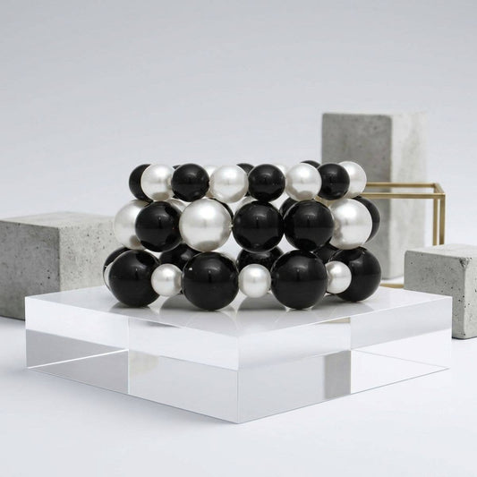 Black Bead White Pearl Bracelet Stretch 3 Strand