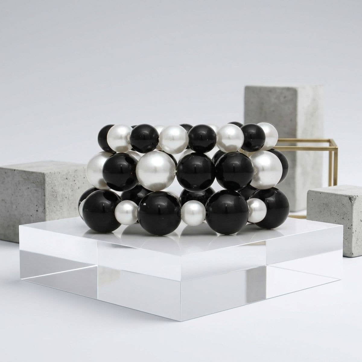 Black Bead White Pearl Bracelet Stretch 3 Strand